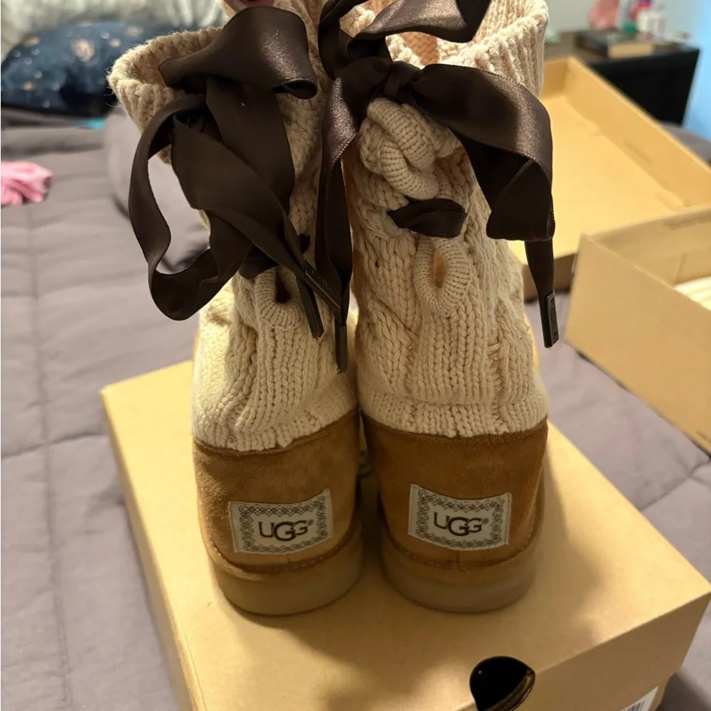 UGG Tan Boots with Cream Knit Cuffs - Picture 3 of 4